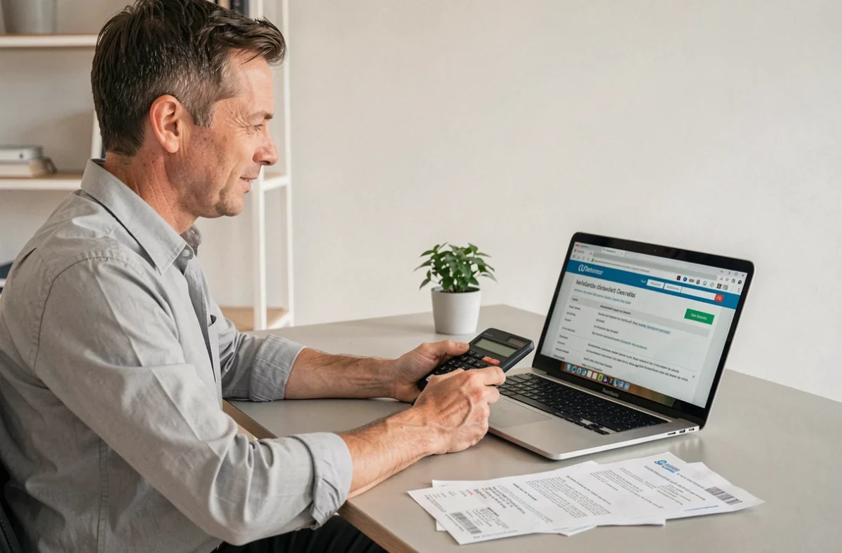 Homme calculant ses dons et crédits d'impôt devant un ordinateur portable avec des justificatifs