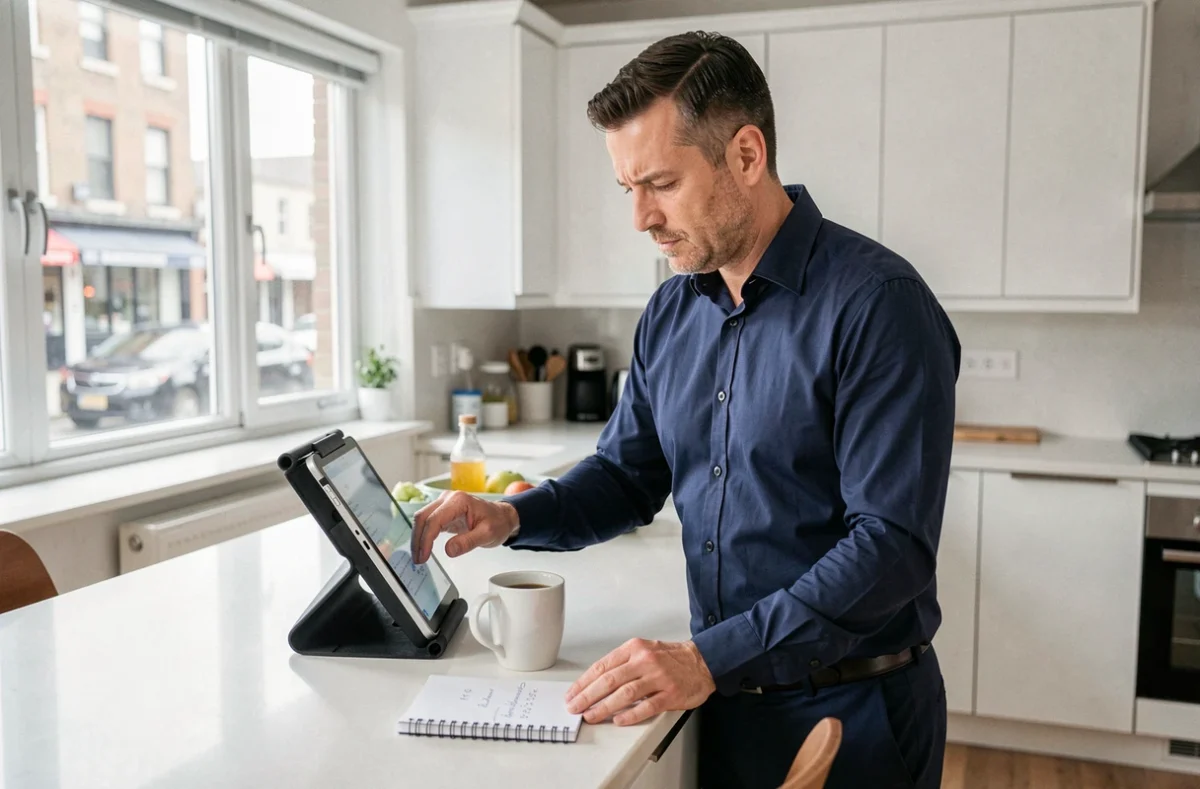 Homme calculant son indemnité de rupture de CDI avec une tablette dans sa cuisine