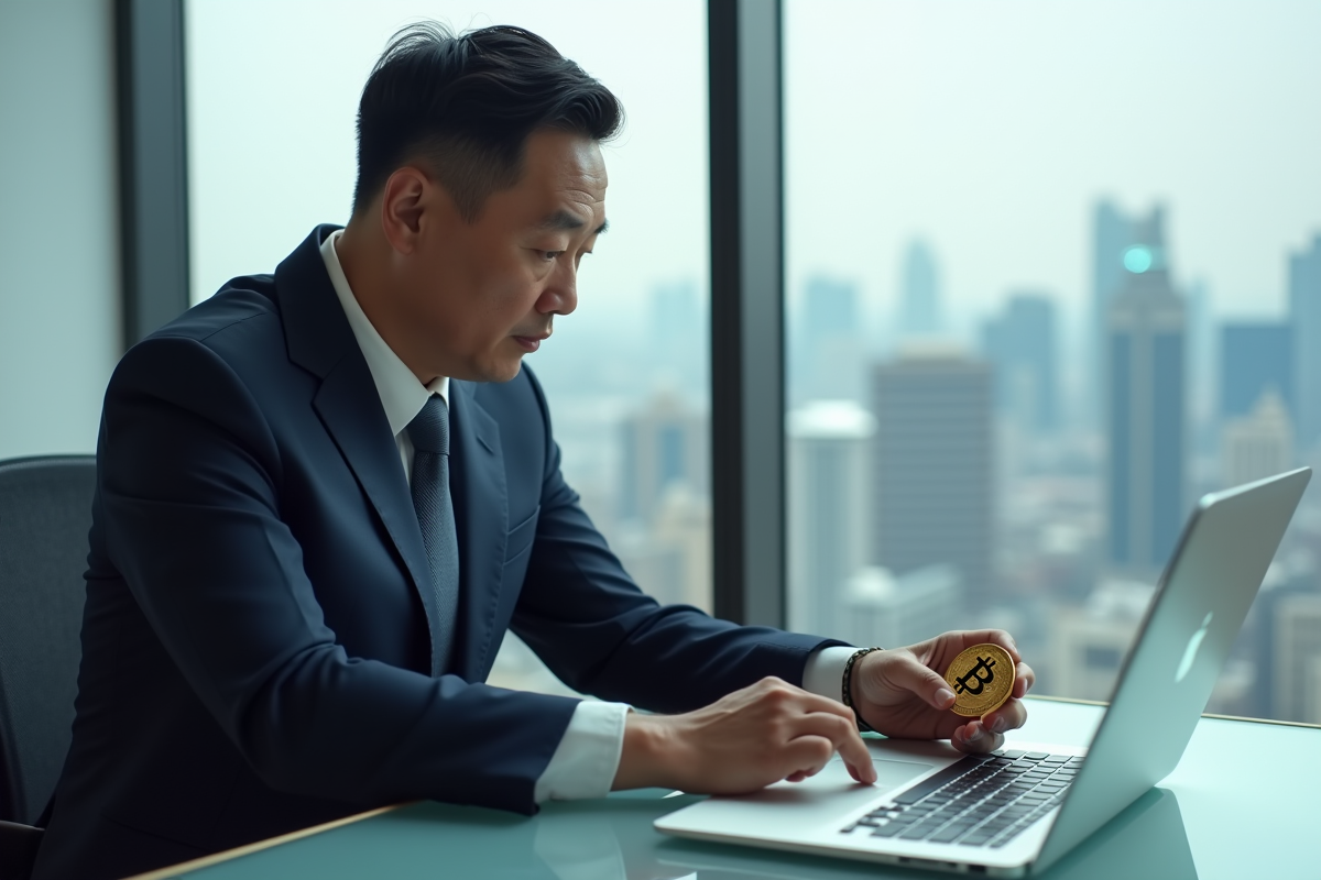 Homme chinois en costume regardant un bitcoin doré