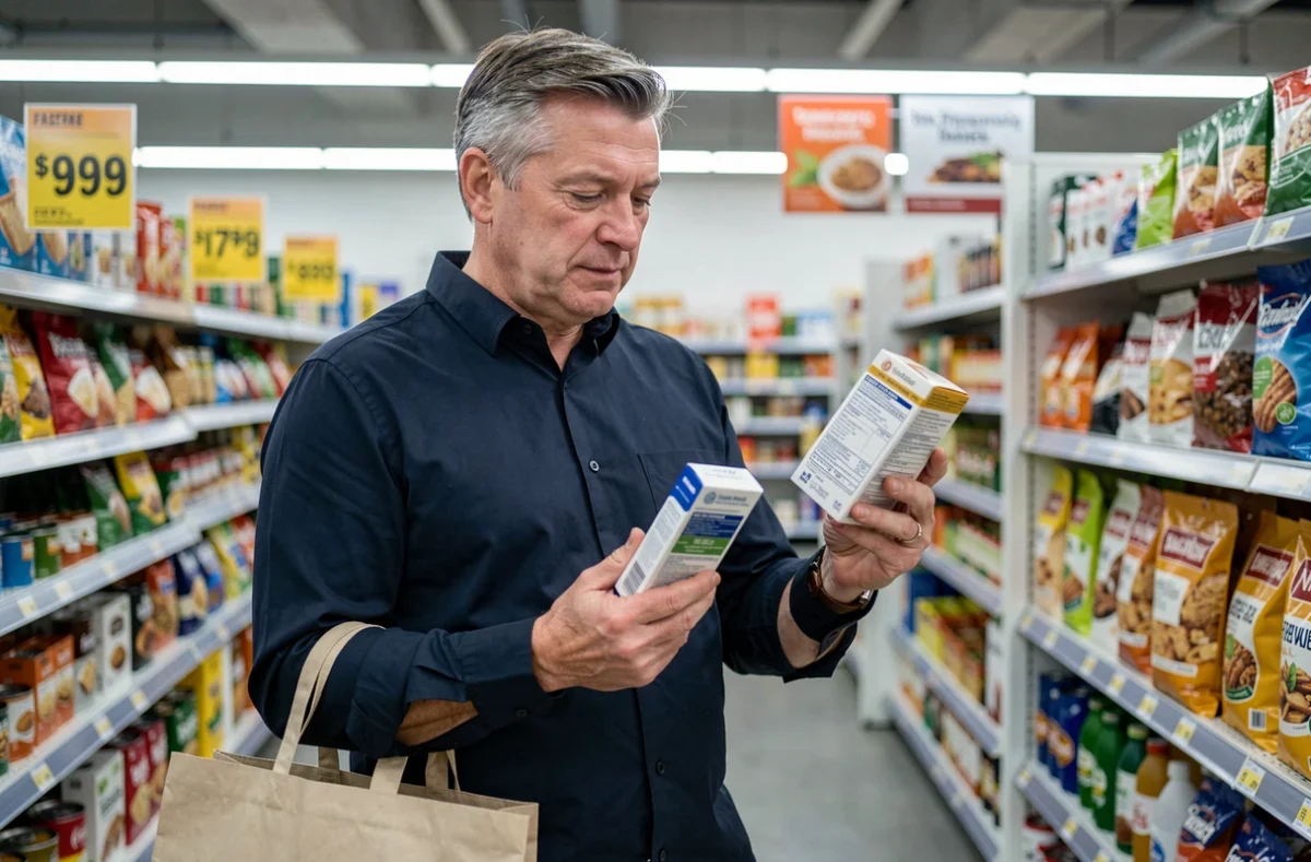 Homme comparant des produits en supermarché pour éviter le gaspillage et profiter intelligemment des promotions avec une stratégie de remboursement