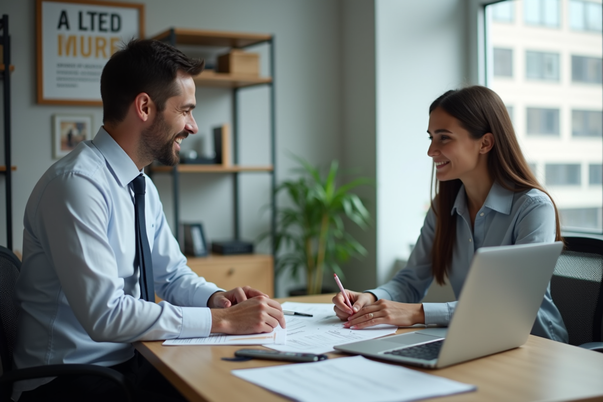 Homme et conseillère credit discutant de documents dans un bureau