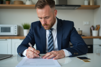 Homme en costume vérifiant un contrat d'assurance à la maison