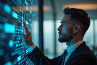 Homme d'affaires sérieux dans un bureau moderne étudie un réseau blockchain
