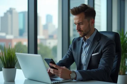 Homme d'affaires en costume utilisant un laptop et smartphone