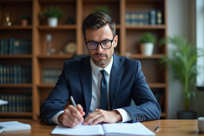 Homme d'affaires en costume lisant un document juridique