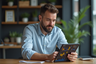 Homme daffaires examine un tableau blockchain sur tablette