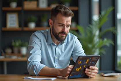 Homme daffaires examine un tableau blockchain sur tablette