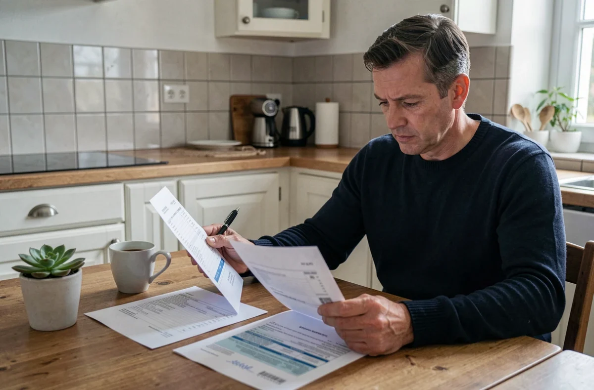 Homme à la maison comparant sa fiche de paie et ses documents fiscaux en 2026