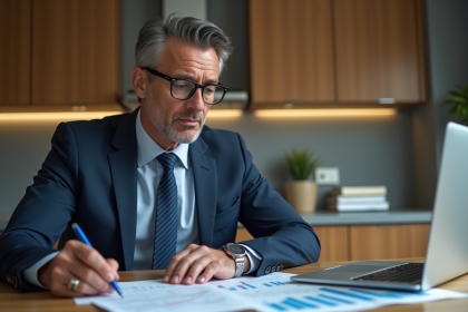 Homme en costume assis à une table de cuisine avec ordinateur et documents
