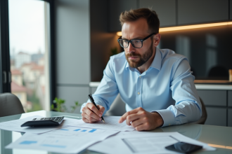 Homme en gestion fiscale dans un appartement urbain