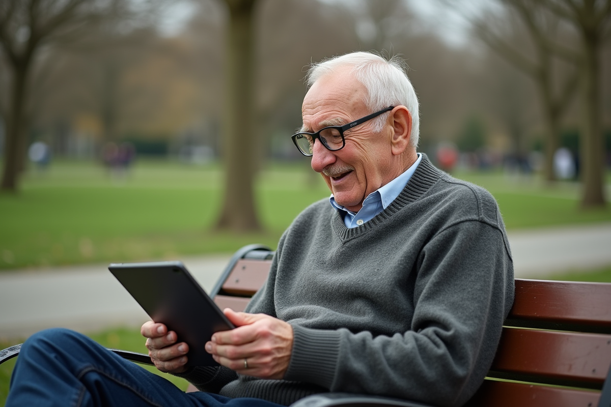 Homme âgé en pull regarde une tablette dans un parc