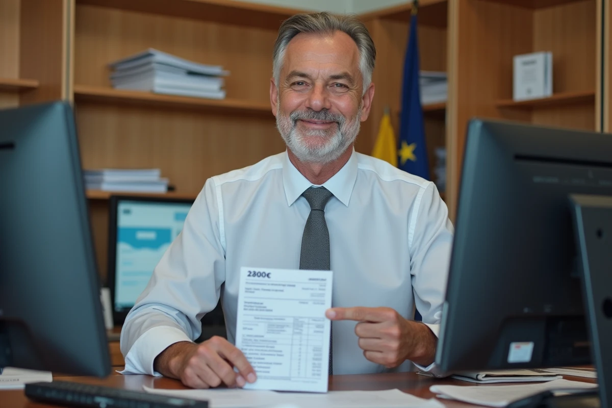 Homme du secteur public montre une fiche de paie de 2800€ dans un bureau