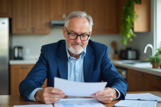 Homme d'âge moyen en costume bleu examine documents de retraite