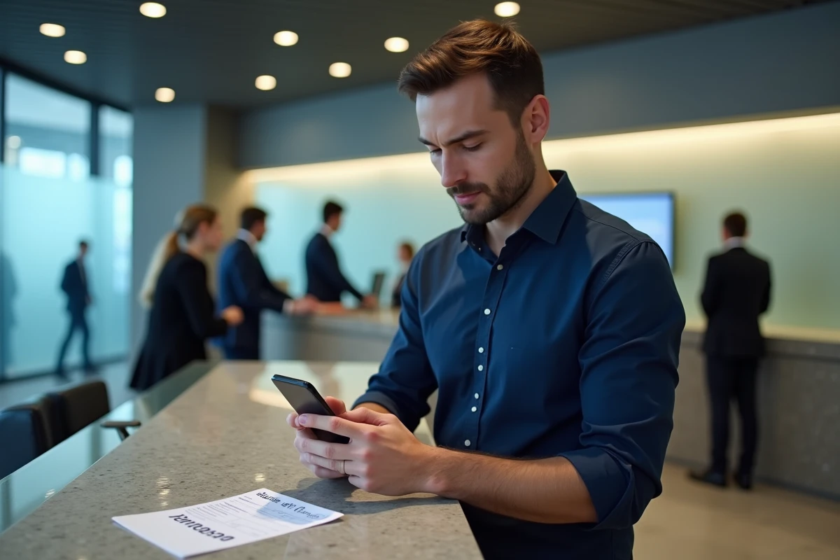 Homme consultant son application bancaire et son RIB pour trouver le code banque Crédit Agricole