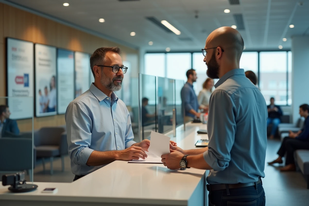 Homme remettant un dossier au guichet d