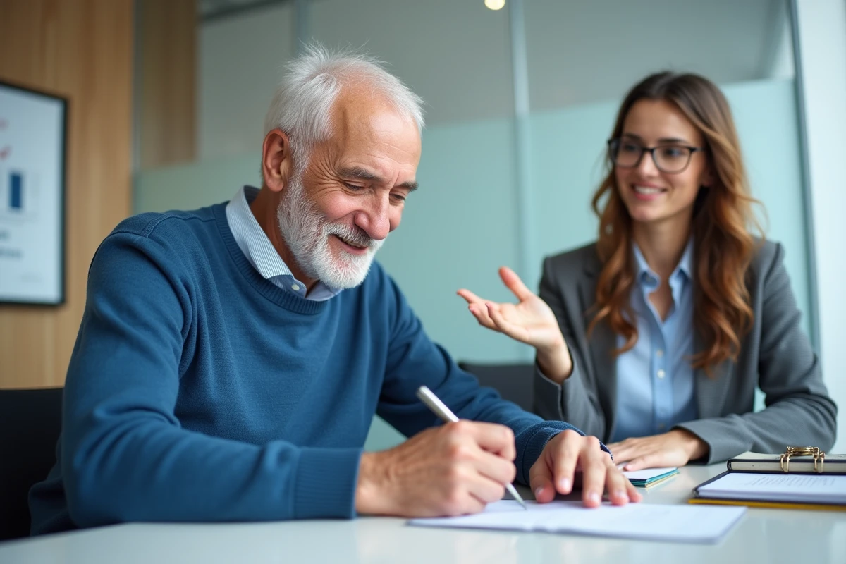 Homme senior signant un document bancaire avec conseiller