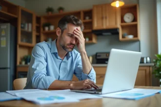 Homme stressé face à des documents de crédit immobilier et un ordinateur portable affichant des taux de prêt