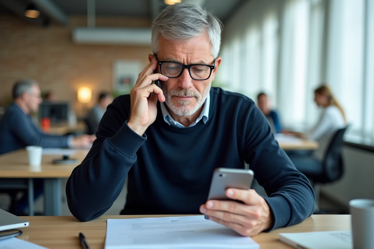 Homme contactant l'URSSAF par téléphone avec un document CESU en main