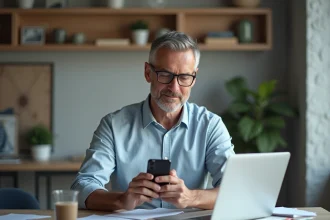 Homme d'âge moyen en visioconférence dans un bureau moderne