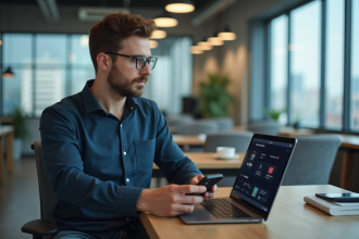 Homme d'affaires utilisant un portefeuille numérique au bureau