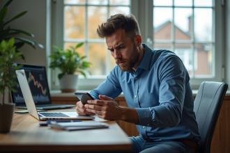 Homme anxieux utilisant son smartphone dans un bureau moderne