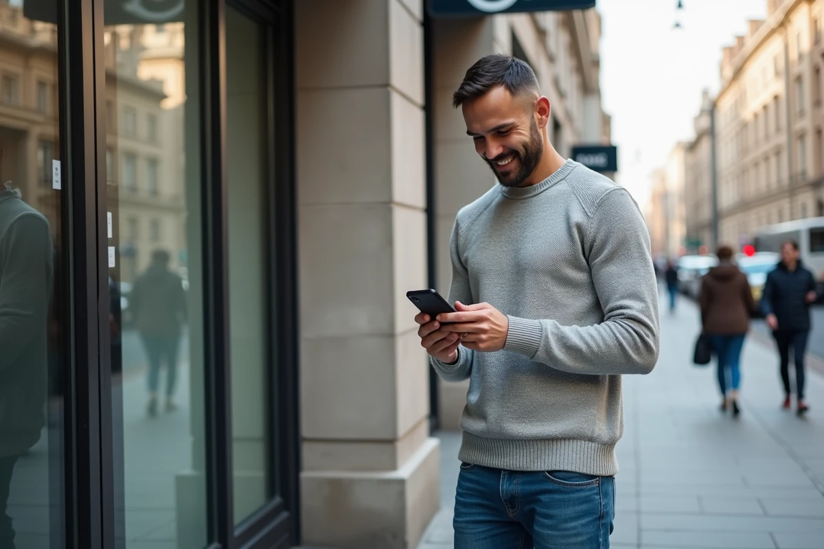Homme d age moyen utilisant son smartphone devant une banque