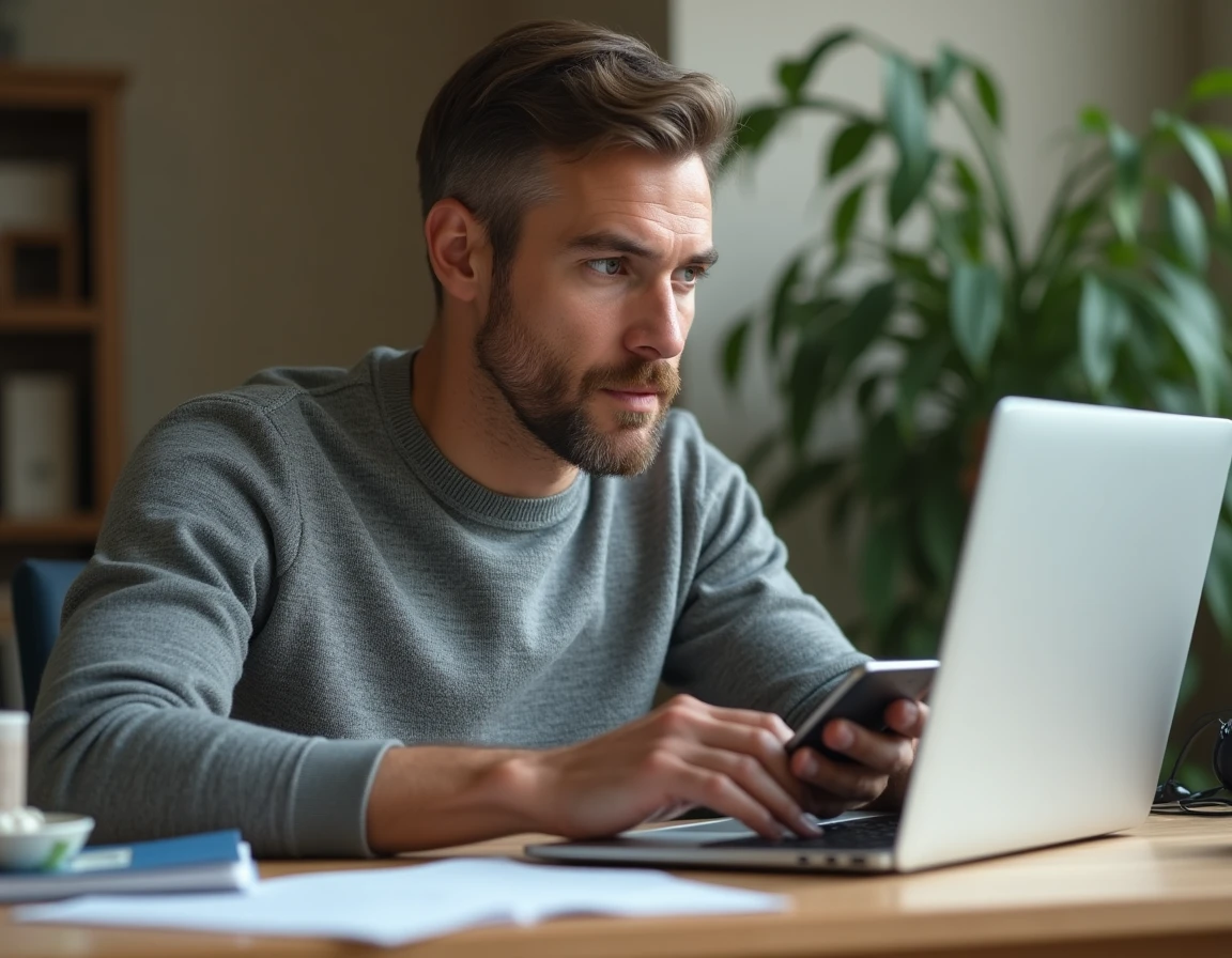 Homme gérant un virement bancaire en ligne depuis son bureau à domicile lors d'un changement de banque