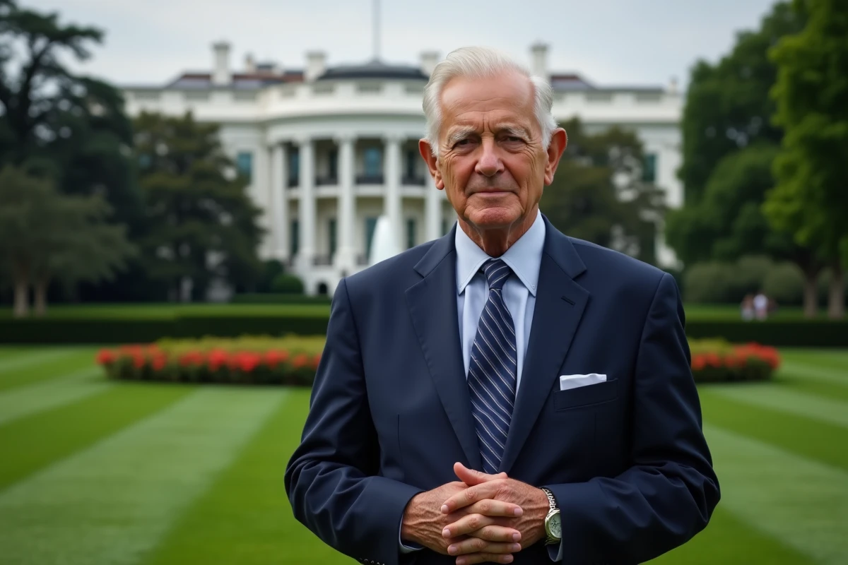 Homme âgé en costume devant la pelouse de la Maison Blanche