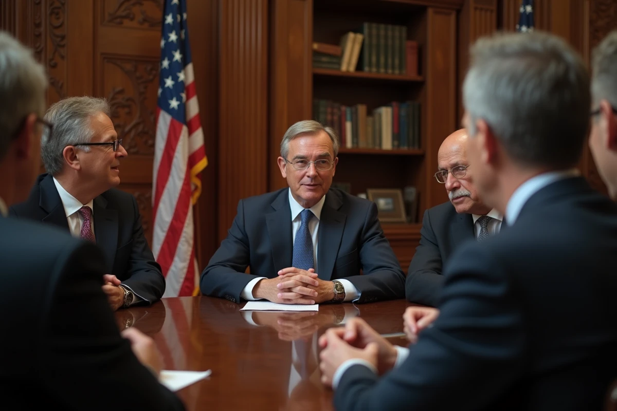 Groupe d'hommes d'affaires dans une salle historique
