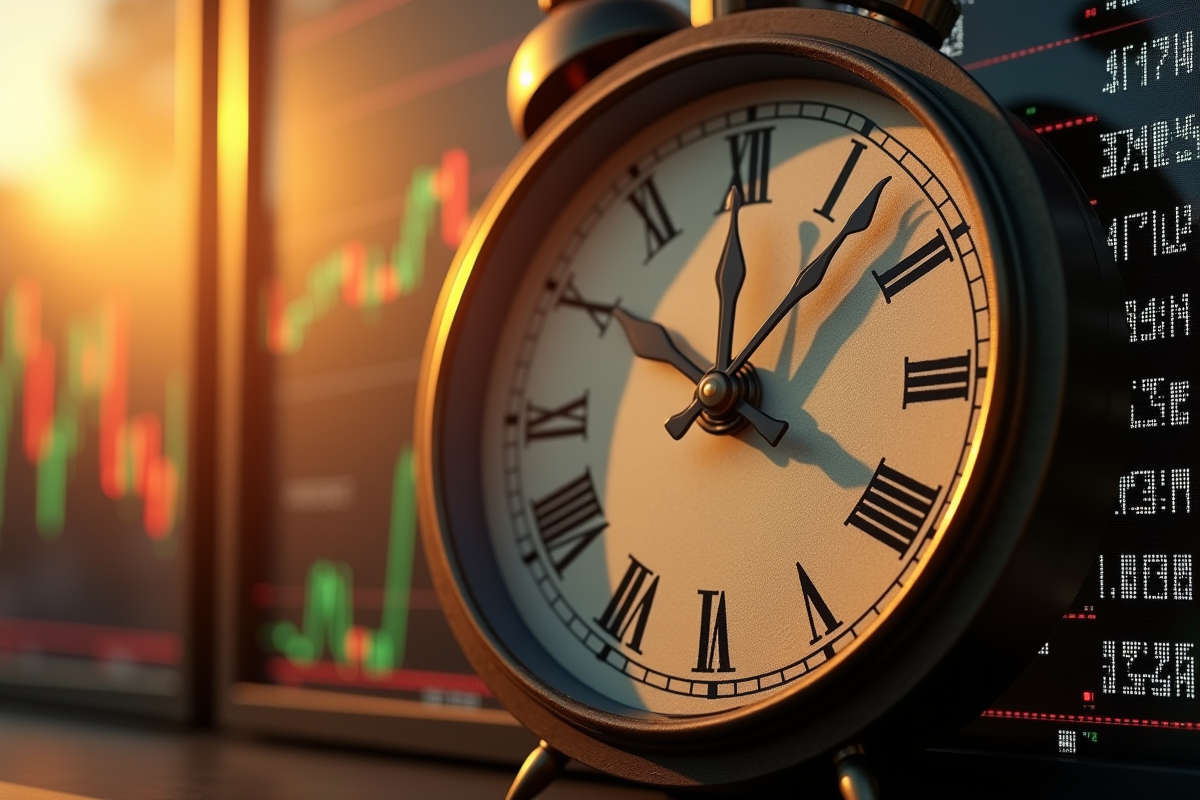 Horloge vintage sur un écran de marché boursier en lumière dorée