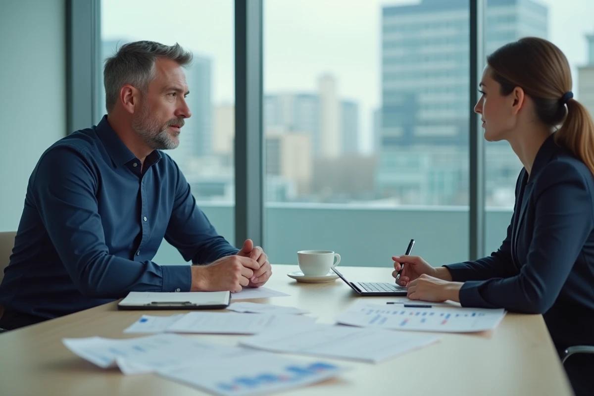 Travailleur indépendant discutant de son taux d'imposition avec un comptable dans un bureau professionnel moderne