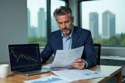 Un investisseur analyse les performances du dividende FDJ pour 2026 dans un bureau moderne avec des documents financiers