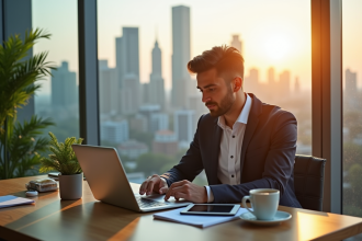 Investisseur confiant analysant graphiques boursiers sur un ordinateur moderne