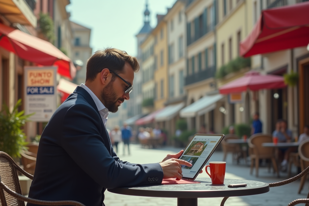 Investisseur élégant analysant des annonces immobilières en terrasse en Europe