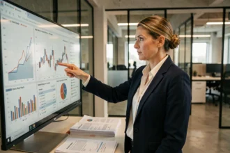 Femme investisseuse analysant des graphiques de performance d'une SCPI diversifiée sur écran dans un bureau moderne