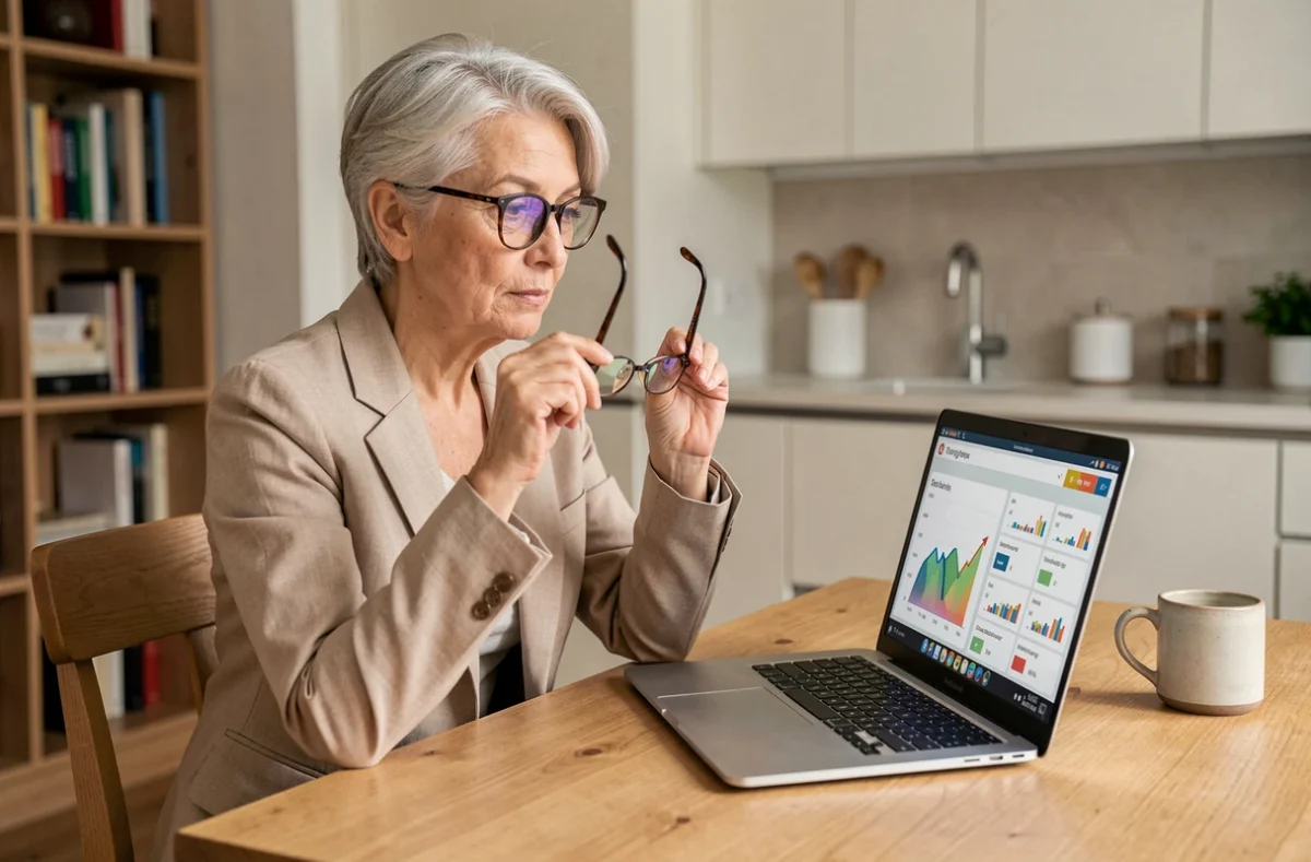 Femme investisseuse senior consultant un tableau de bord de fonds immobilier SCPI sur son ordinateur portable à domicile