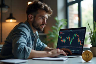 Jeune adulte analysant des graphiques de cryptomonnaie sur un ordinateur portable