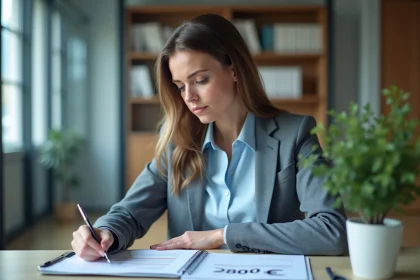 Jeune femme d'affaires examine un document de salaire de 2800€