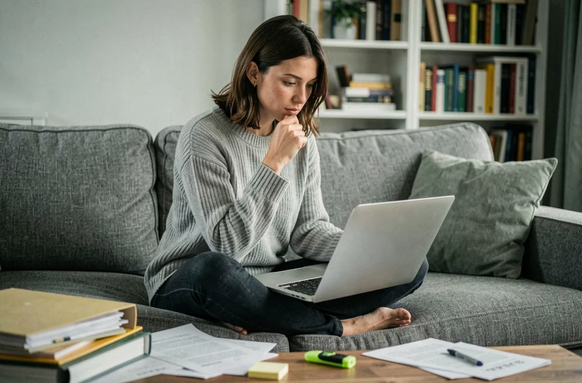 Jeune femme analysant son solde de tout compte sur canapé avant une démission de CDI