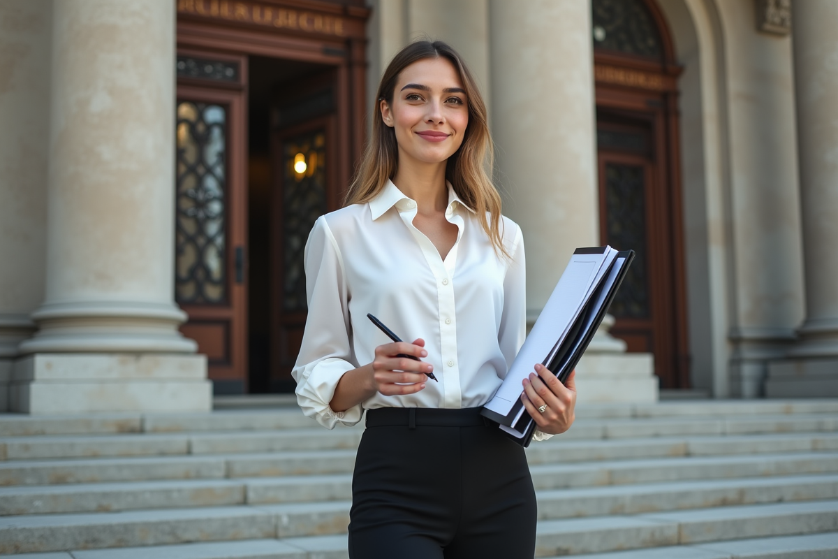 Jeune femme devant un palais de justice avec un classeur
