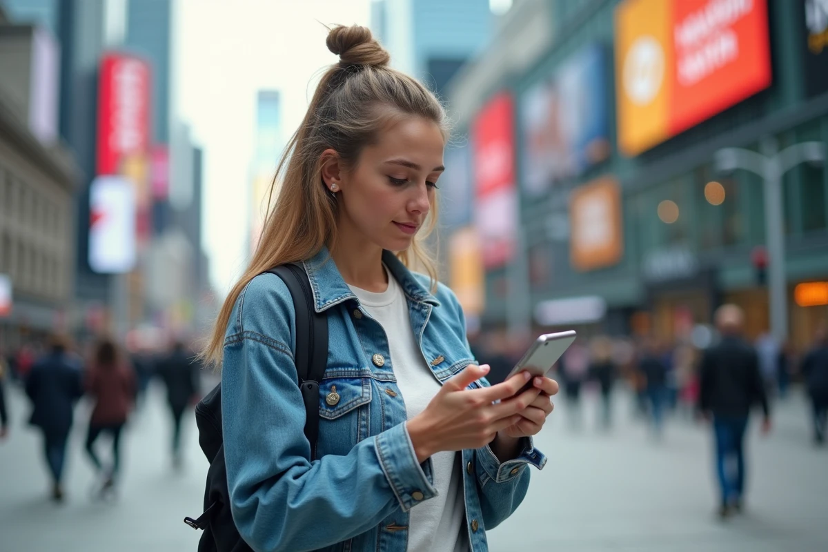 Jeune femme regardant son smartphone dans une place urbaine