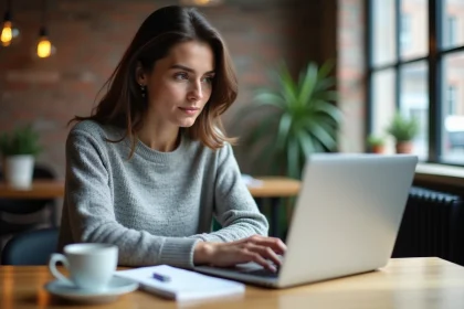 Jeune femme consultant des ressources pédagogiques sur la bourse en ligne dans un espace de coworking moderne