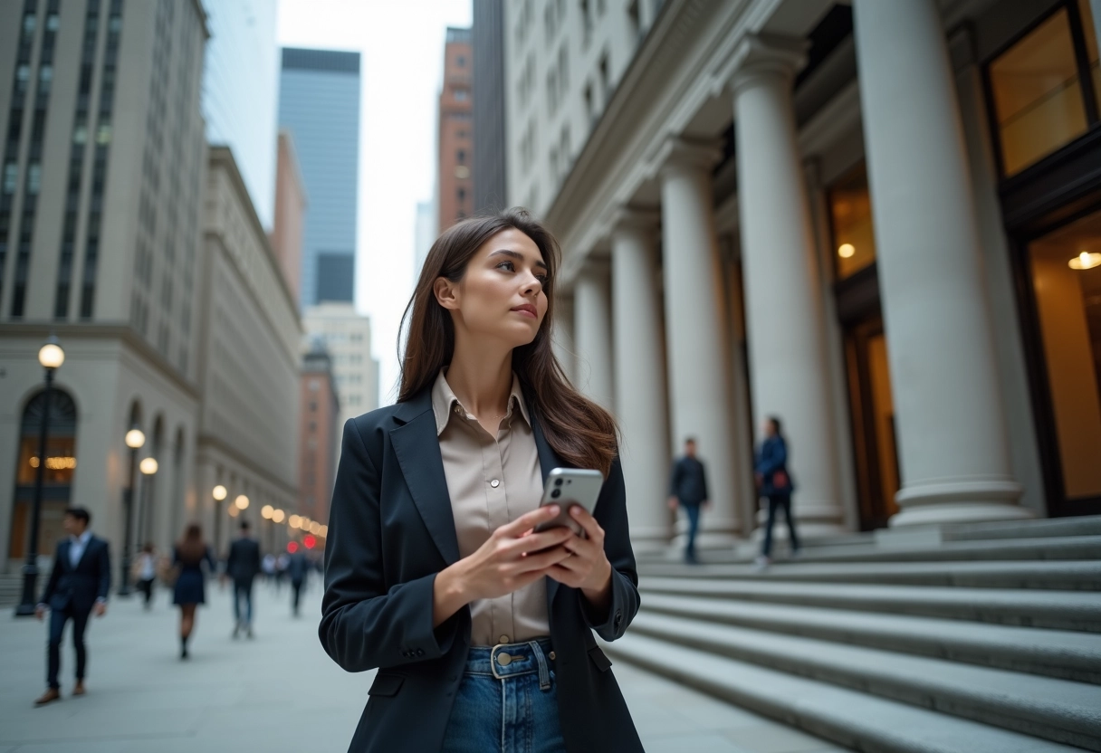 Jeune femme dans la finance utilisant son smartphone en ville