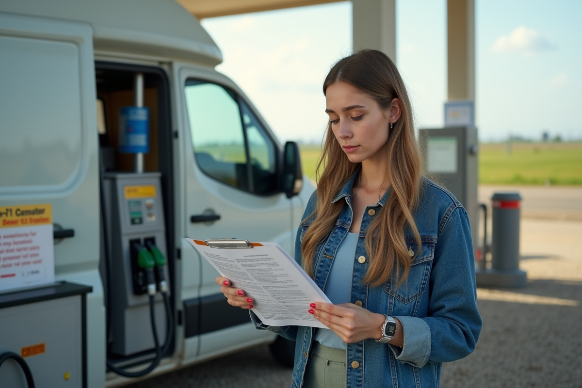 Jeune femme vérifiant une exemption carbone à la station