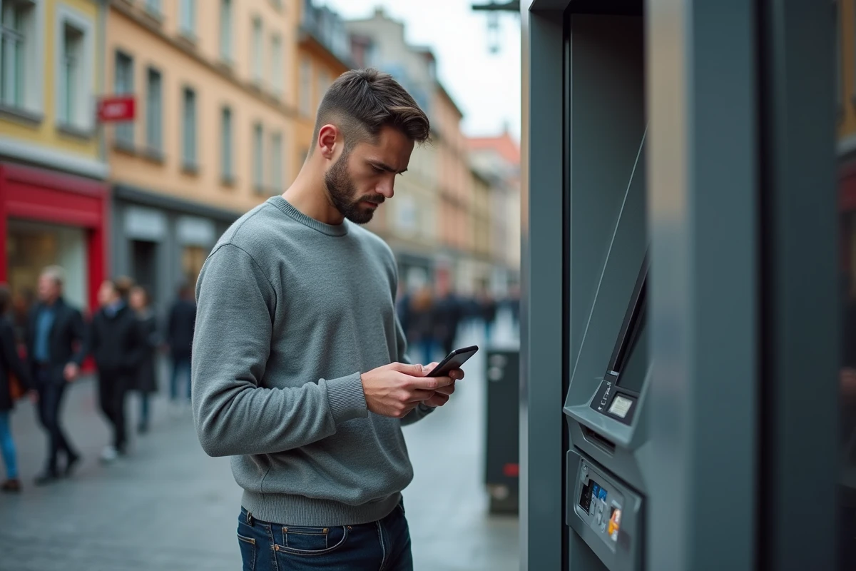 Jeune homme consulte son smartphone devant une banque
