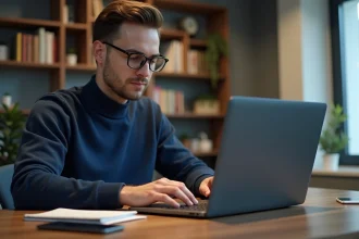 Jeune homme au bureau avec ordinateur portable et smartphone