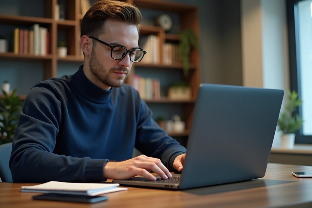 Jeune homme au bureau avec ordinateur portable et smartphone