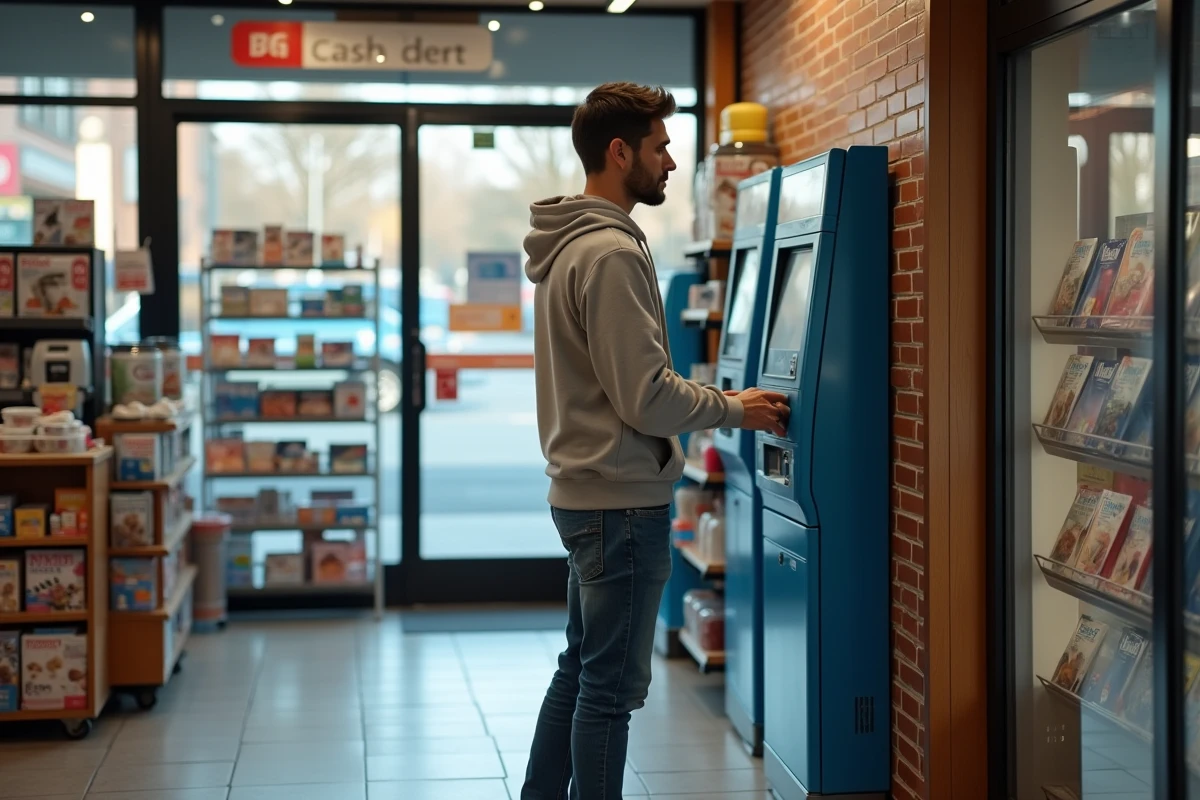 Jeune homme utilise un distributeur dans un magasin calme