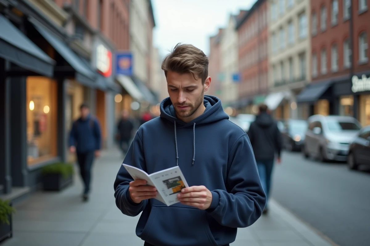 Jeune homme comparant des brochures de forfaits mobiles prépayés dans une rue animée de la ville