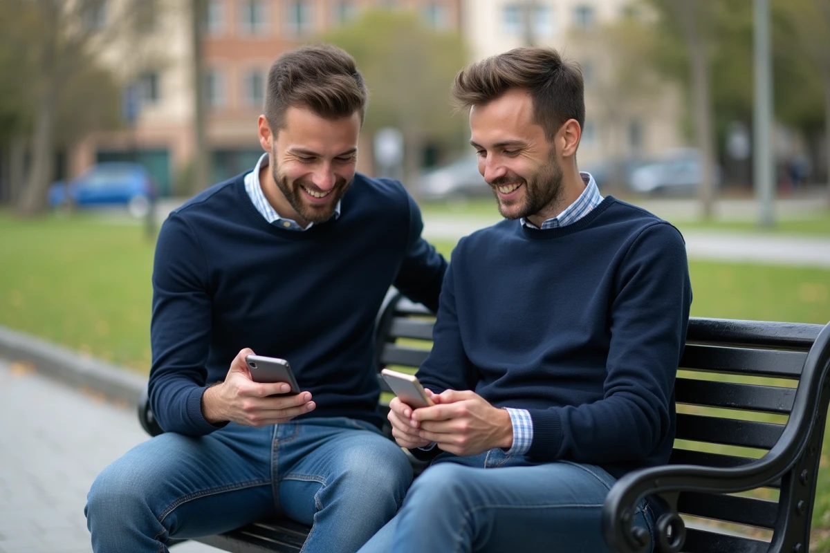 Jeune homme assis sur un banc de parc partageant son téléphone avec un ami